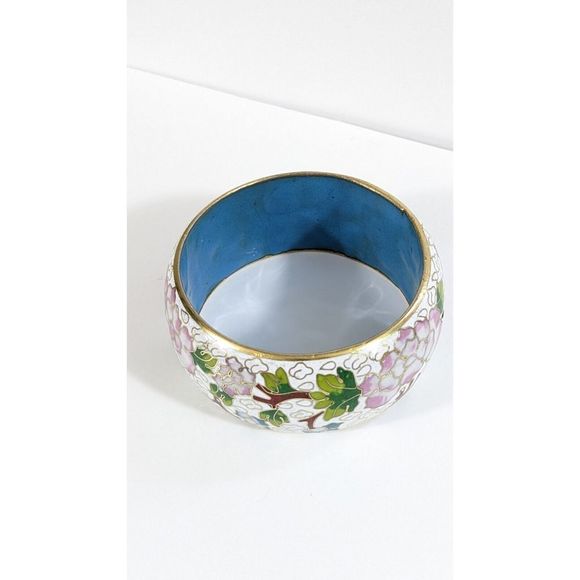 Large Wide Vintage Cloisonne Enamel Bangle Bracelet - Flowers Leaves Clouds - Picture 11 of 16